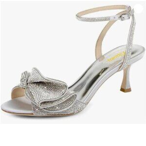Milooey shoes Womens Glitter Rhinestone Bow Heeled Sandal Elegant Crystal Ankle